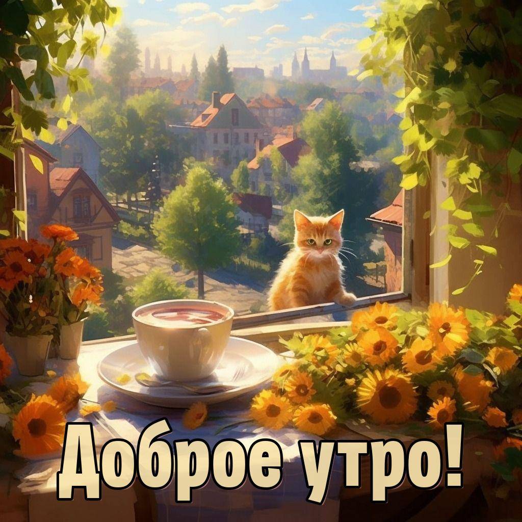 Цветы и кофе на подоконнике и кот тихо заходит в окошко домой