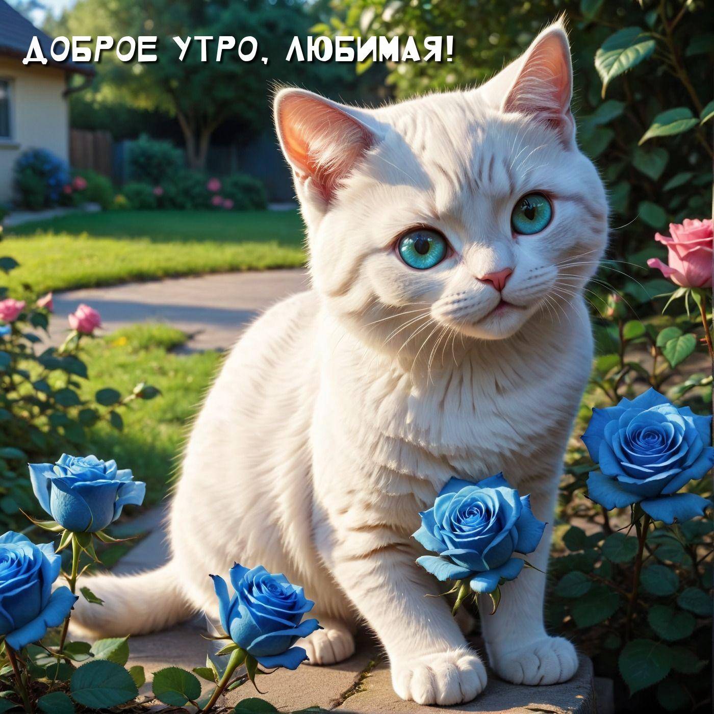 alt,Милый белый котенок с бирюзовыми глазами, сидящий среди голубых роз.