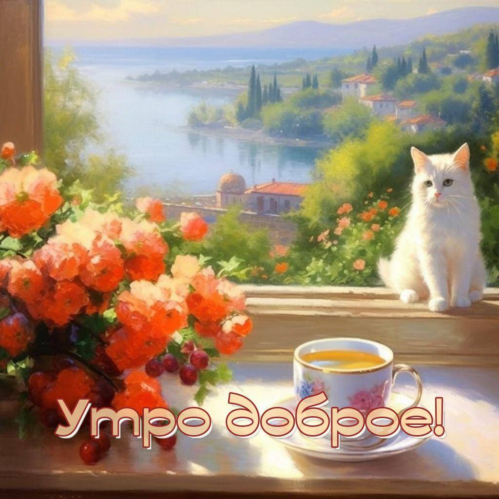 alt,Белая кошка на фоне окна с чашкой чая и цветами,title