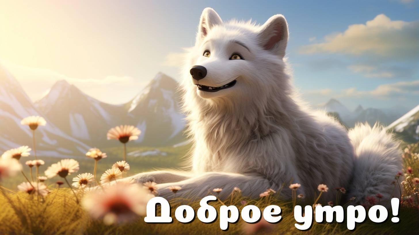 Анимированный белый волк на травянистом поле