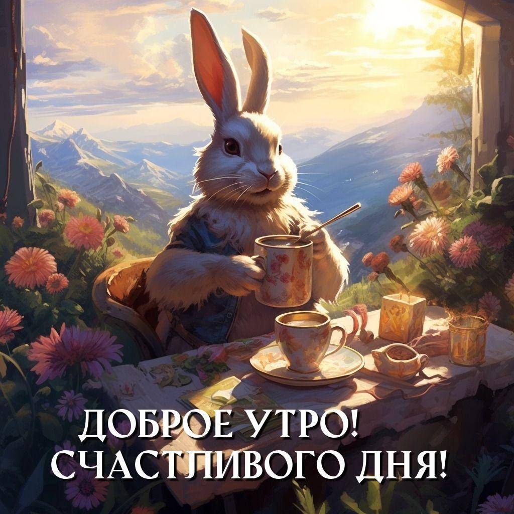 Антропоморфный белый кролик с кружкой на фоне гор.