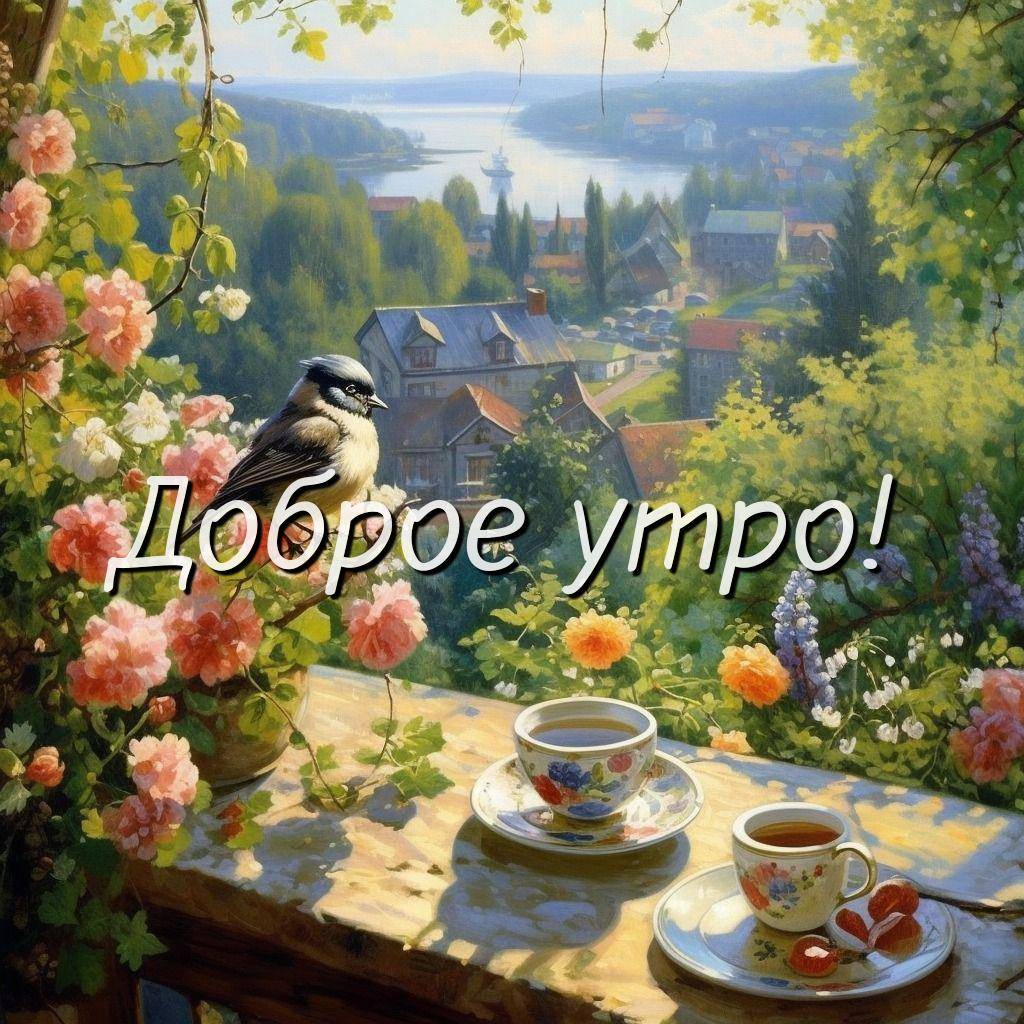 Балкон с цветами, птица, озеро и холмы