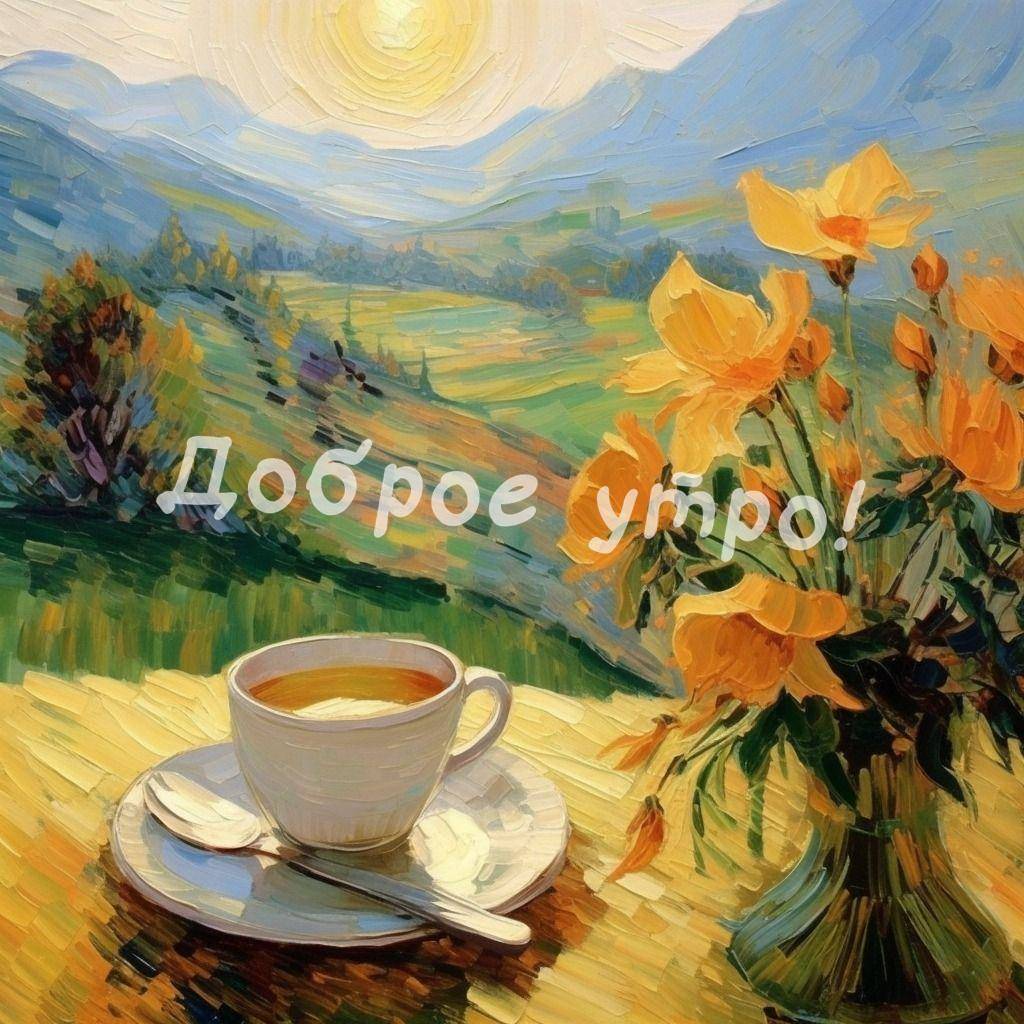 Белая чашка чая, холмы и горы на фоне, букет