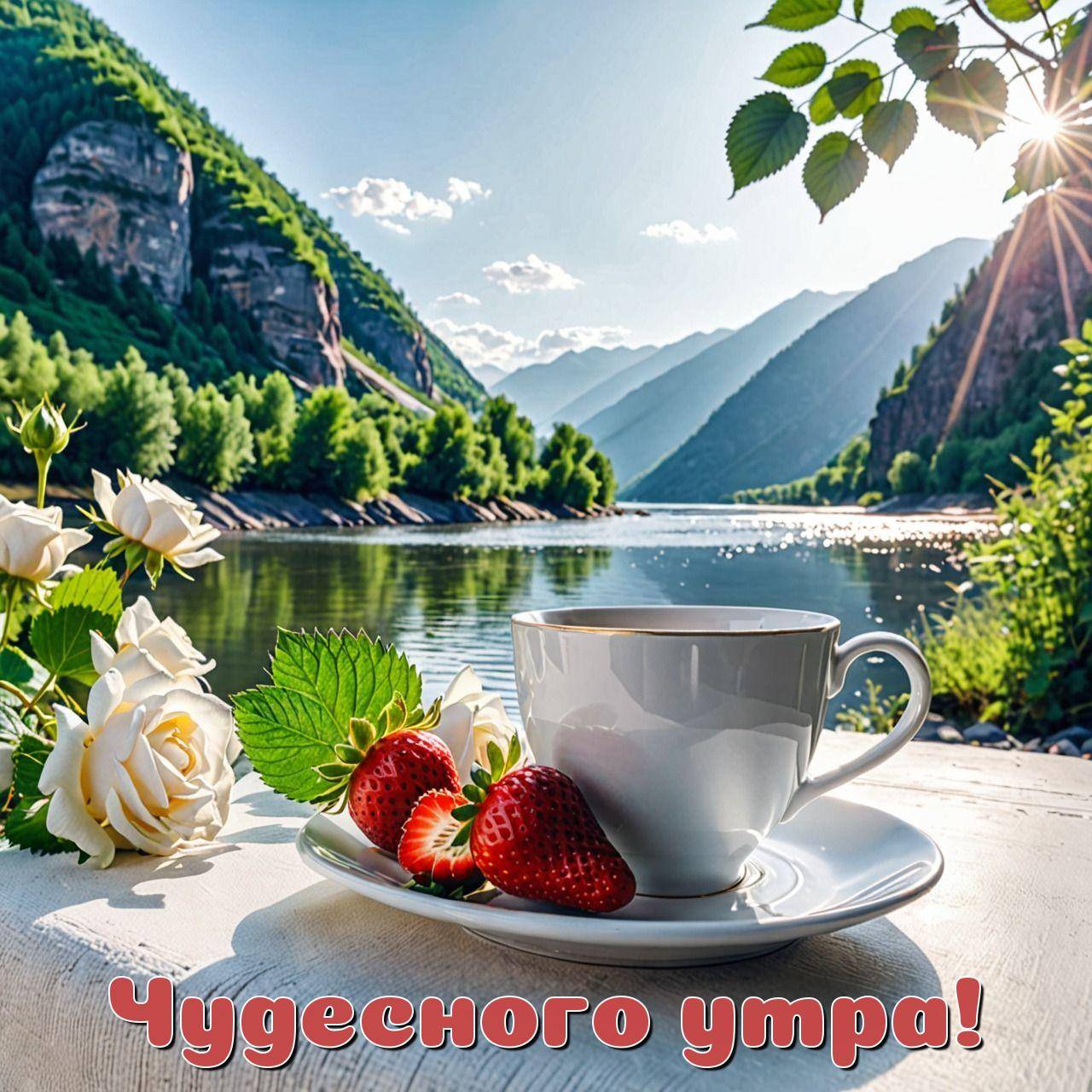 Белая чашка, клубника, розы, озеро и горы на фоне