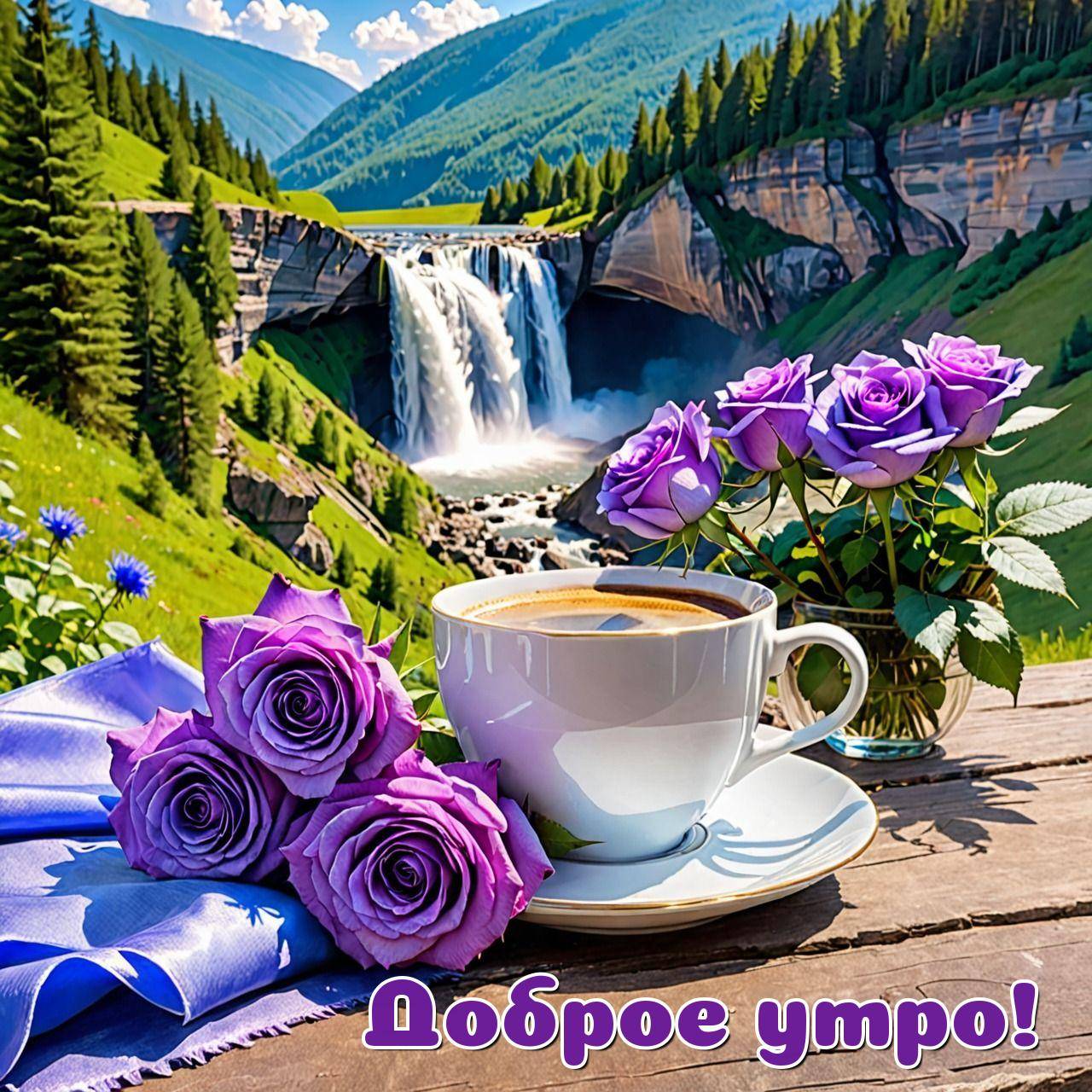 Белая чашка кофе и фиолетовые розы на фоне природы