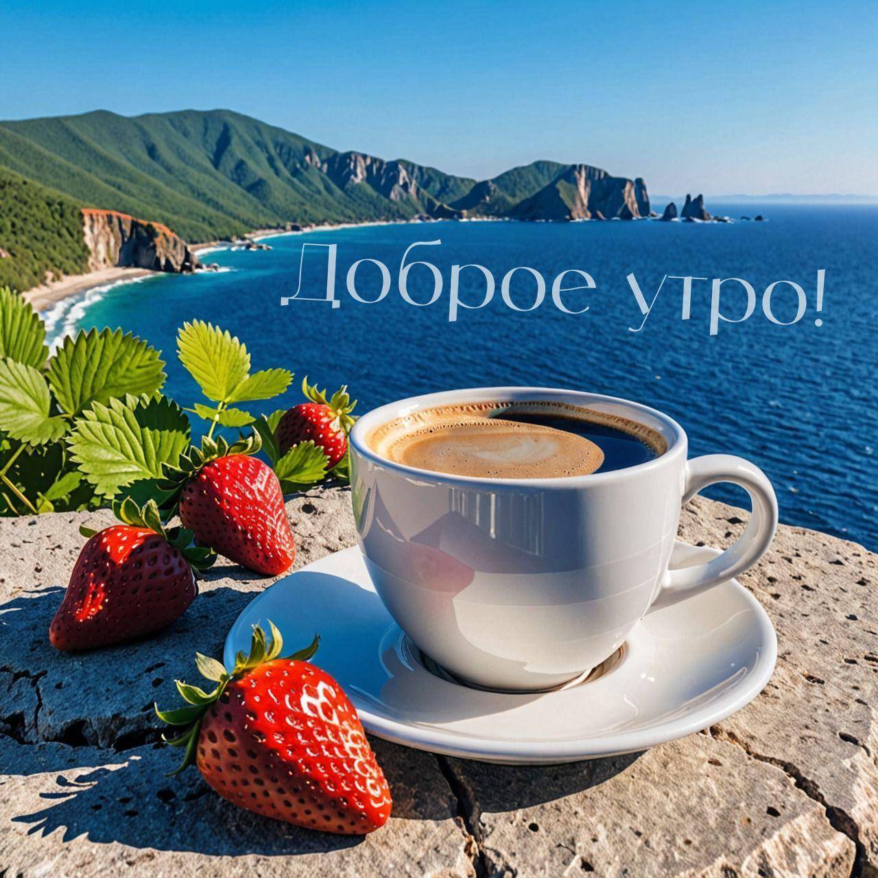 Белая чашка кофе и клубника на фоне моря