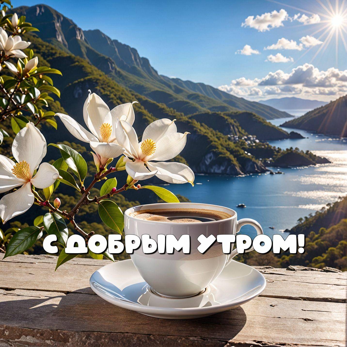 Белая чашка кофе и цветы magnolia на фоне гор и воды