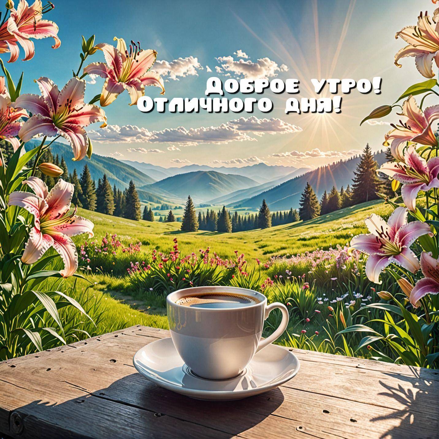 Белая чашка кофе на столе с цветами и полями на фоне