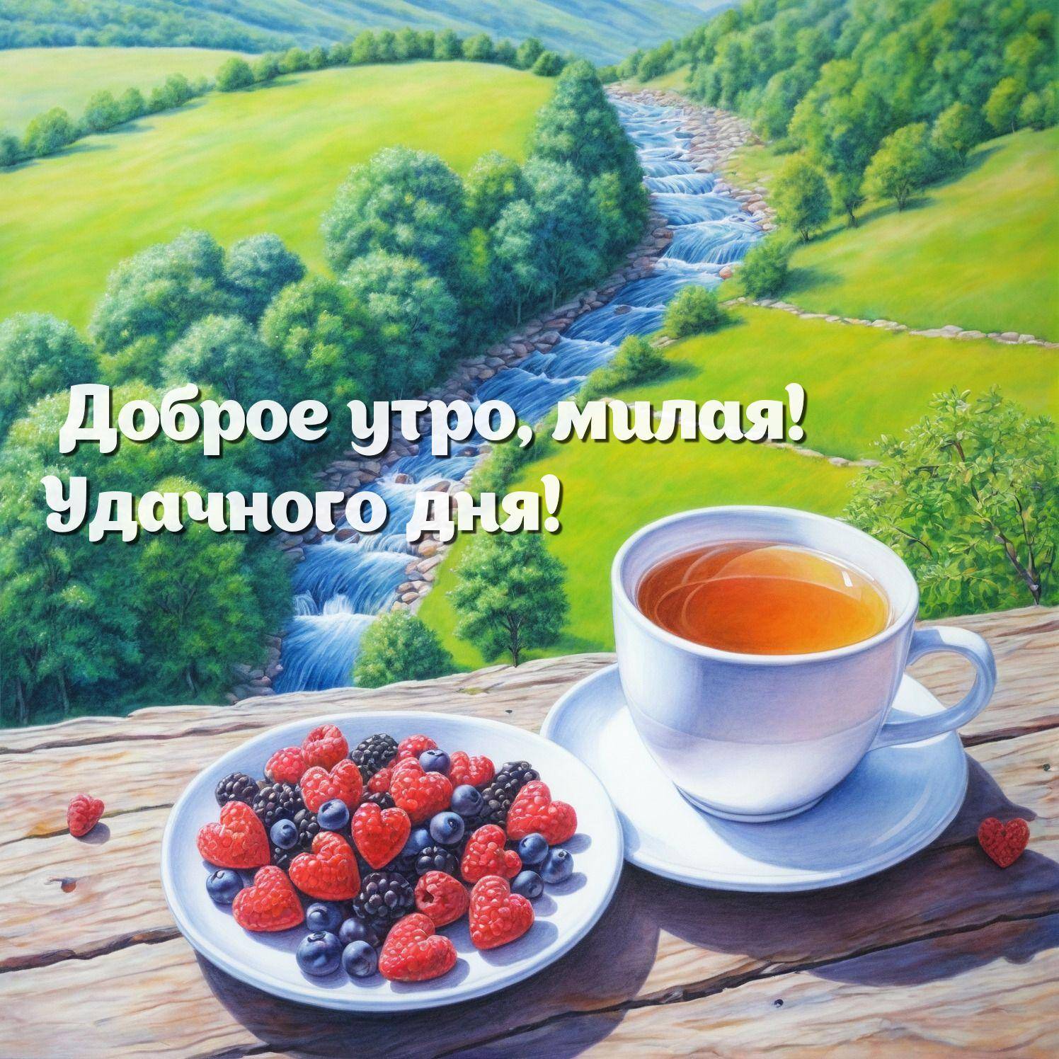 Белая чашка с чаем и блюдце с ягодами на фоне природы