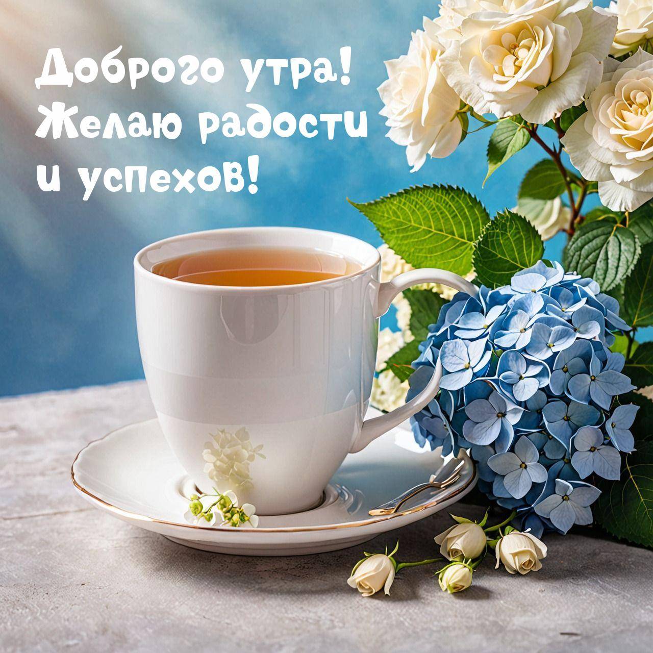 Белая чашка с чаем и цветами на блюдце