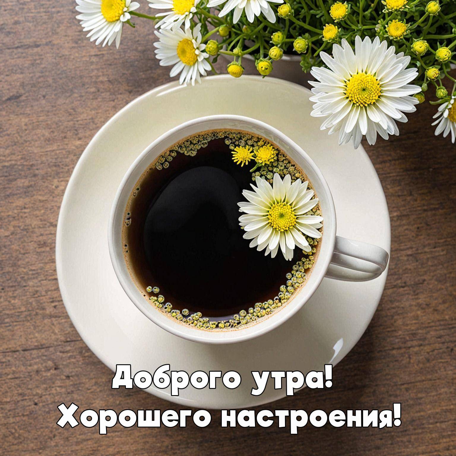 Белая чашка с кофе и ромашками на деревянном фоне