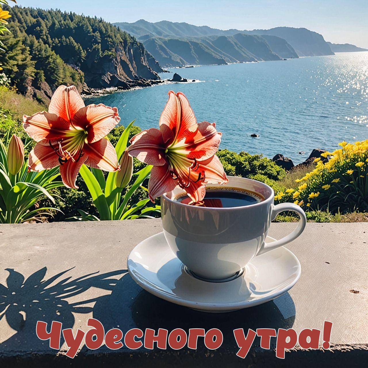 Белая чашка с кофе и цветами амарилиса перед морем