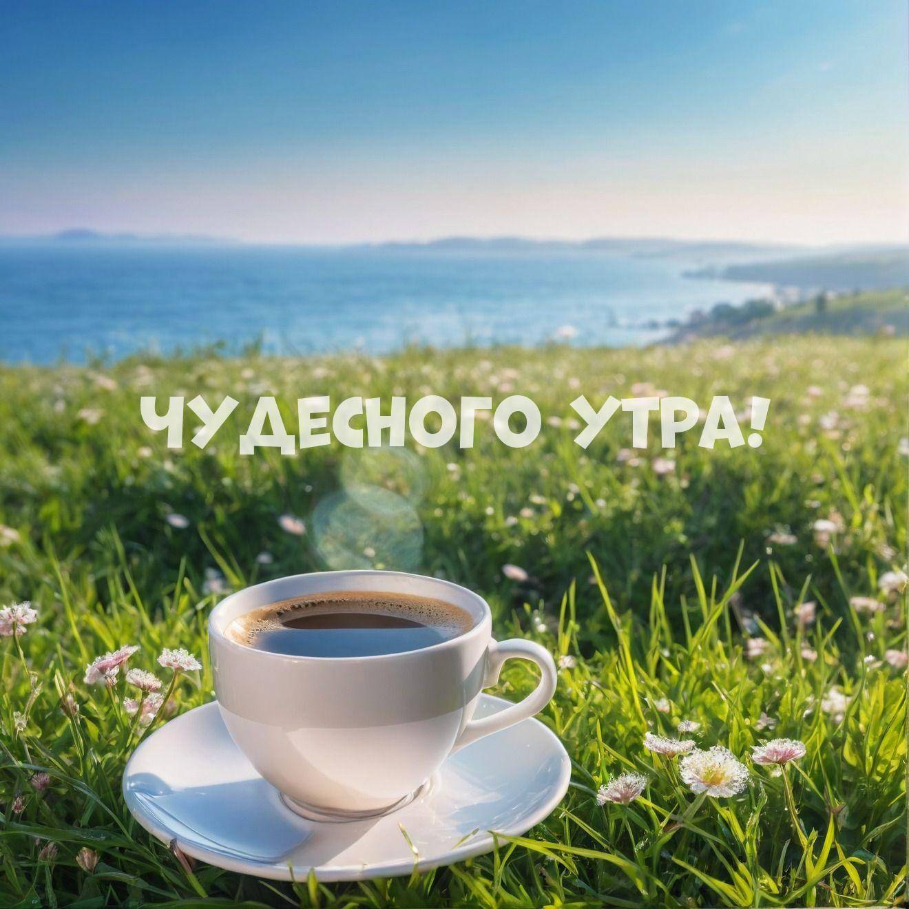 Белая чашка с кофе на траве на фоне моря