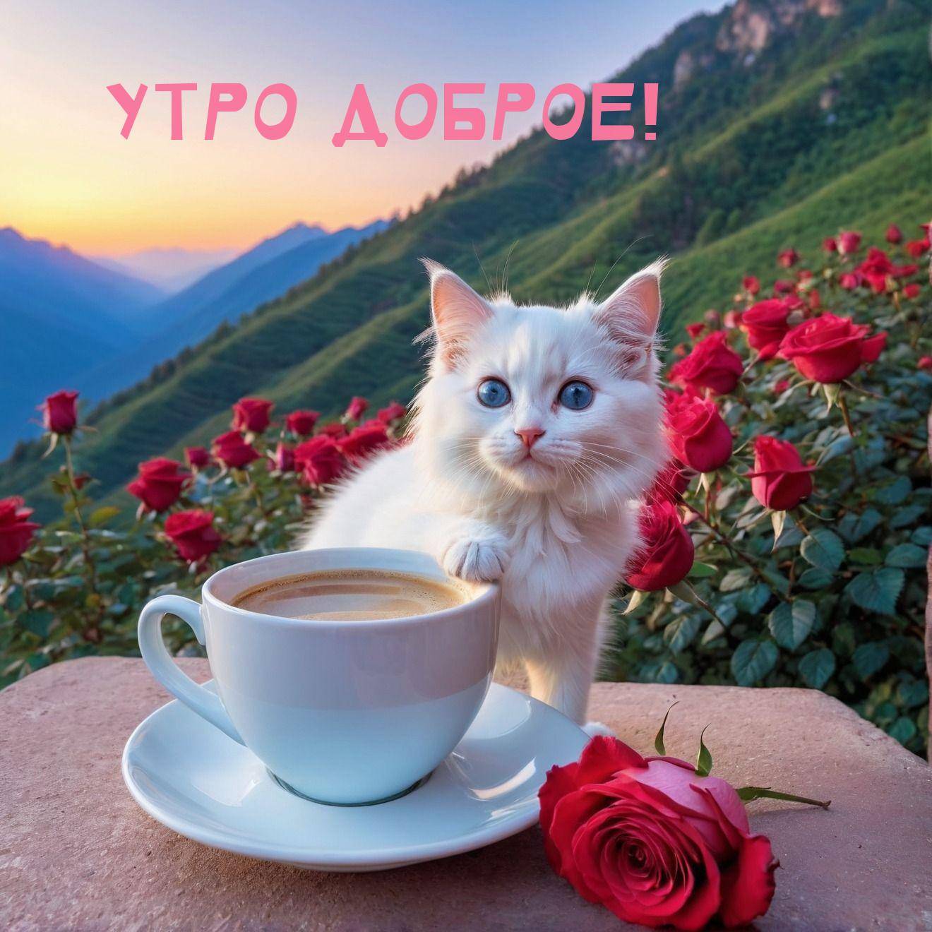 Белая кошка с синими глазами у чашки кофе