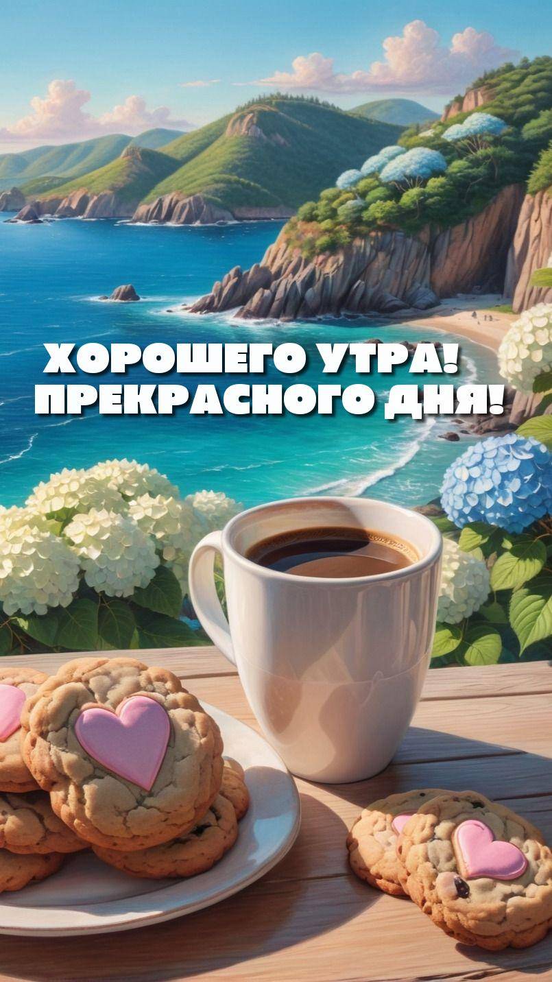 Белая кружка с кофе и печенье на фоне моря и гор