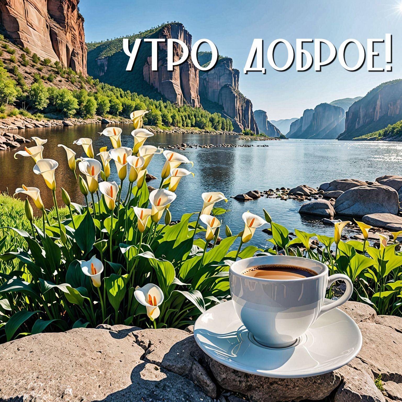 Белые цветы, чашка кофе, река и утесы