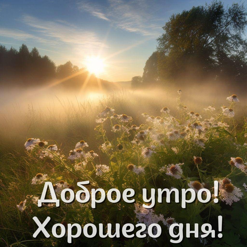 Белые цветы на траве в утреннем тумане