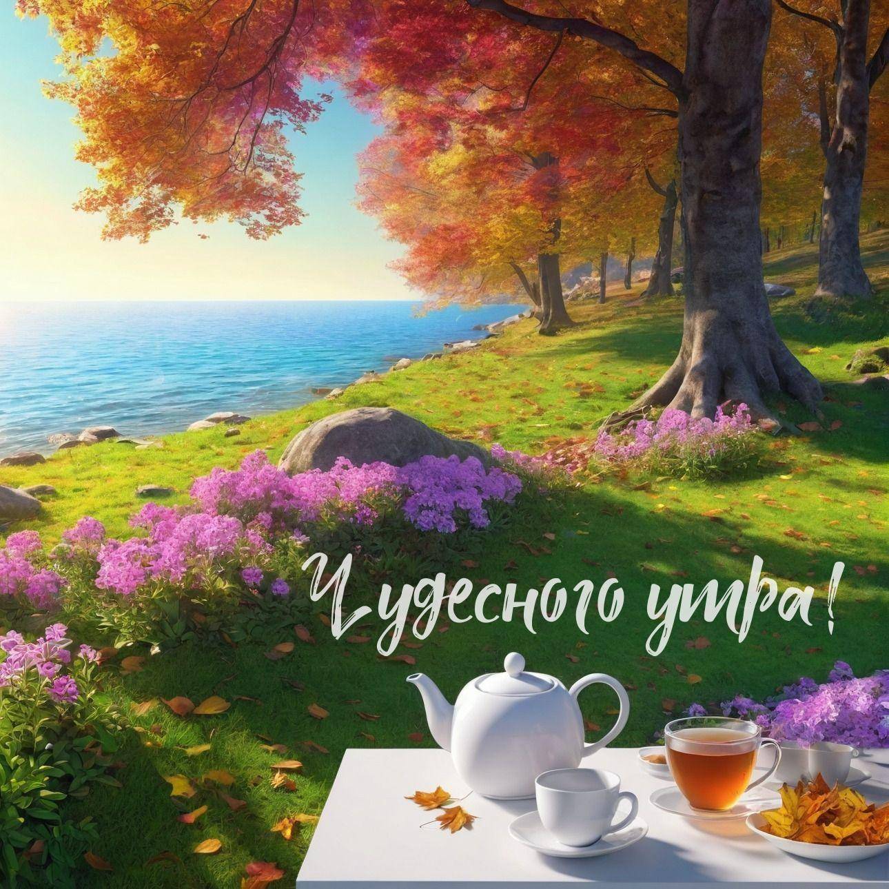 Белый чайник и чашки у озера осенью