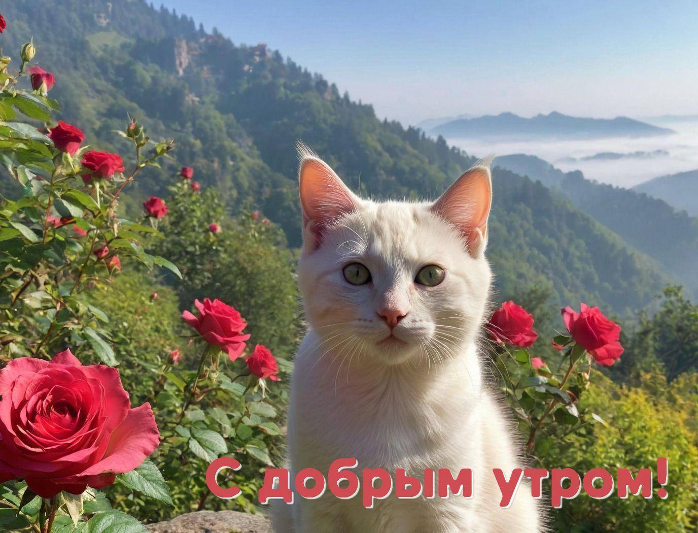 Белый кот на фоне зеленых гор