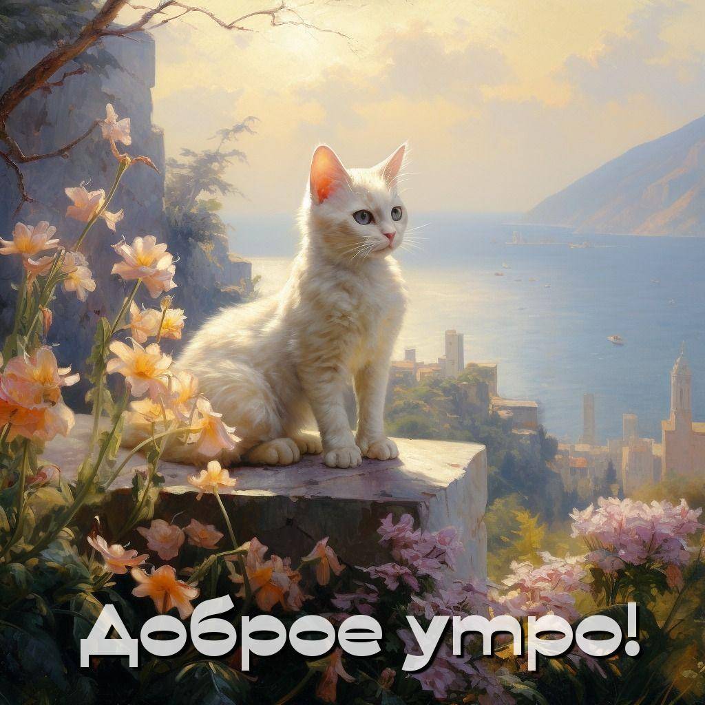 Белый кот на каменной поверхности среди цветов