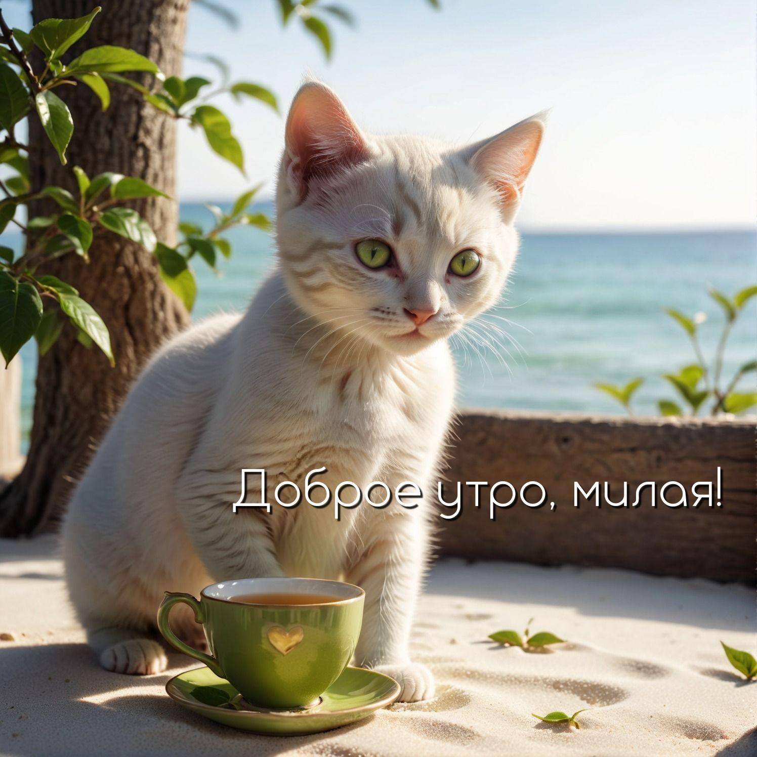 Белый кот с зелеными глазами на песчаном берегу