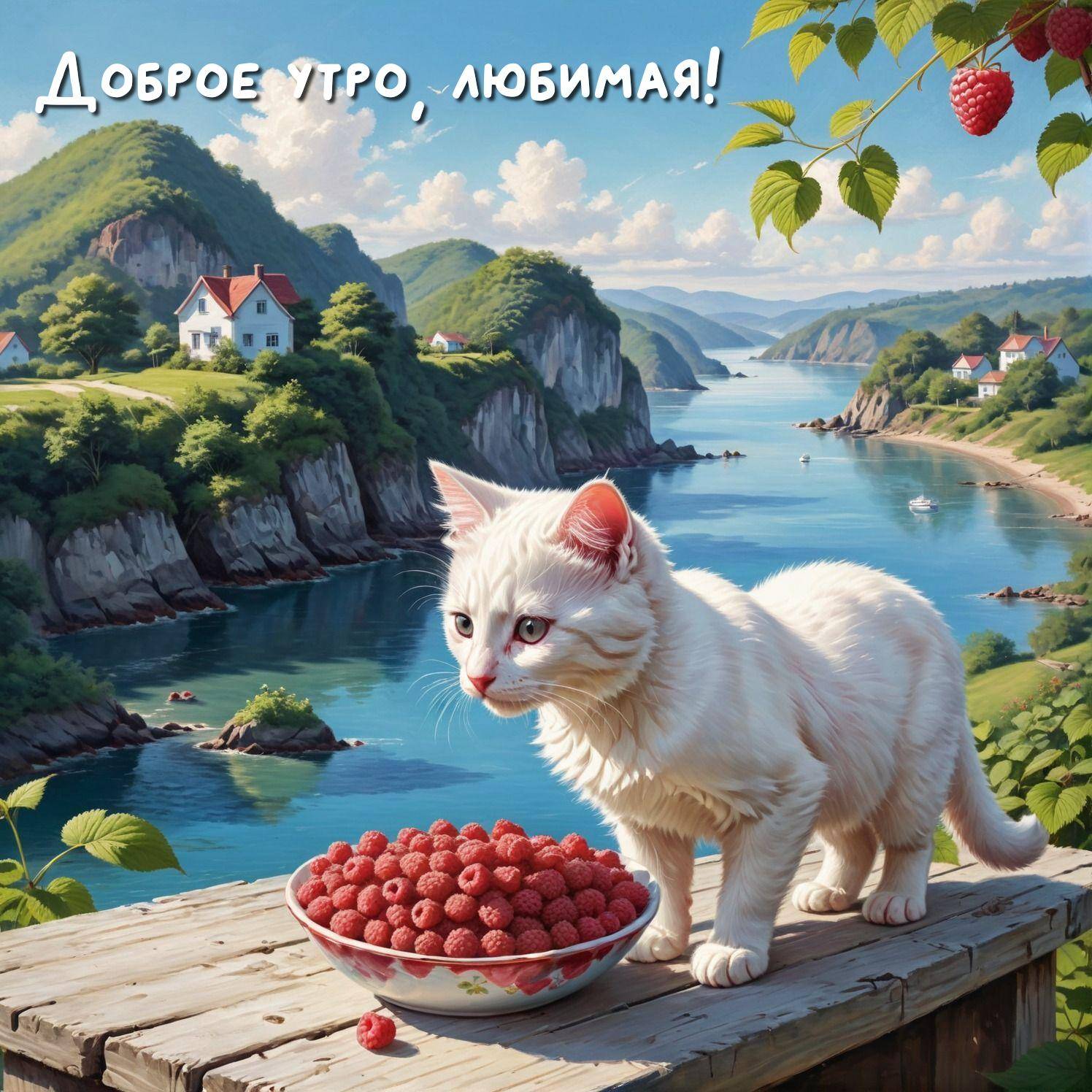 Белый кот смотрит на миску с малиной