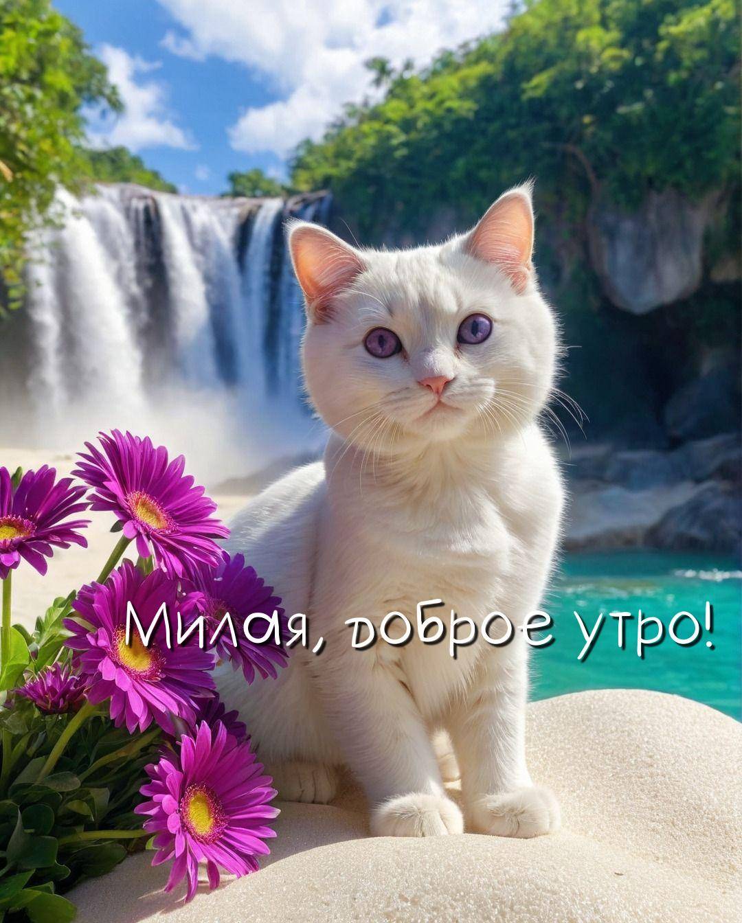 Белый кот у водопада и фиолетовых цветов