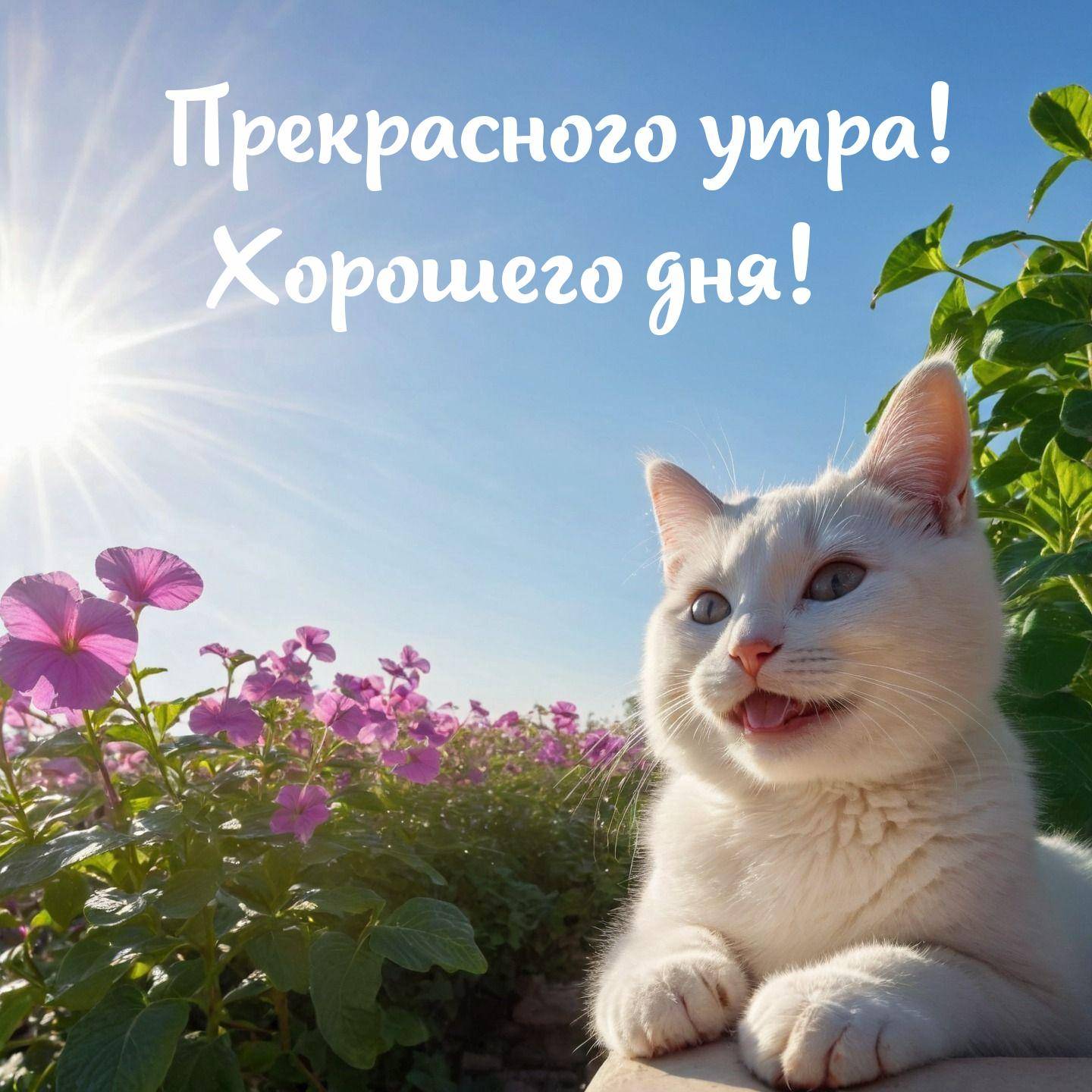 Белый котёнок на фоне цветущих растений