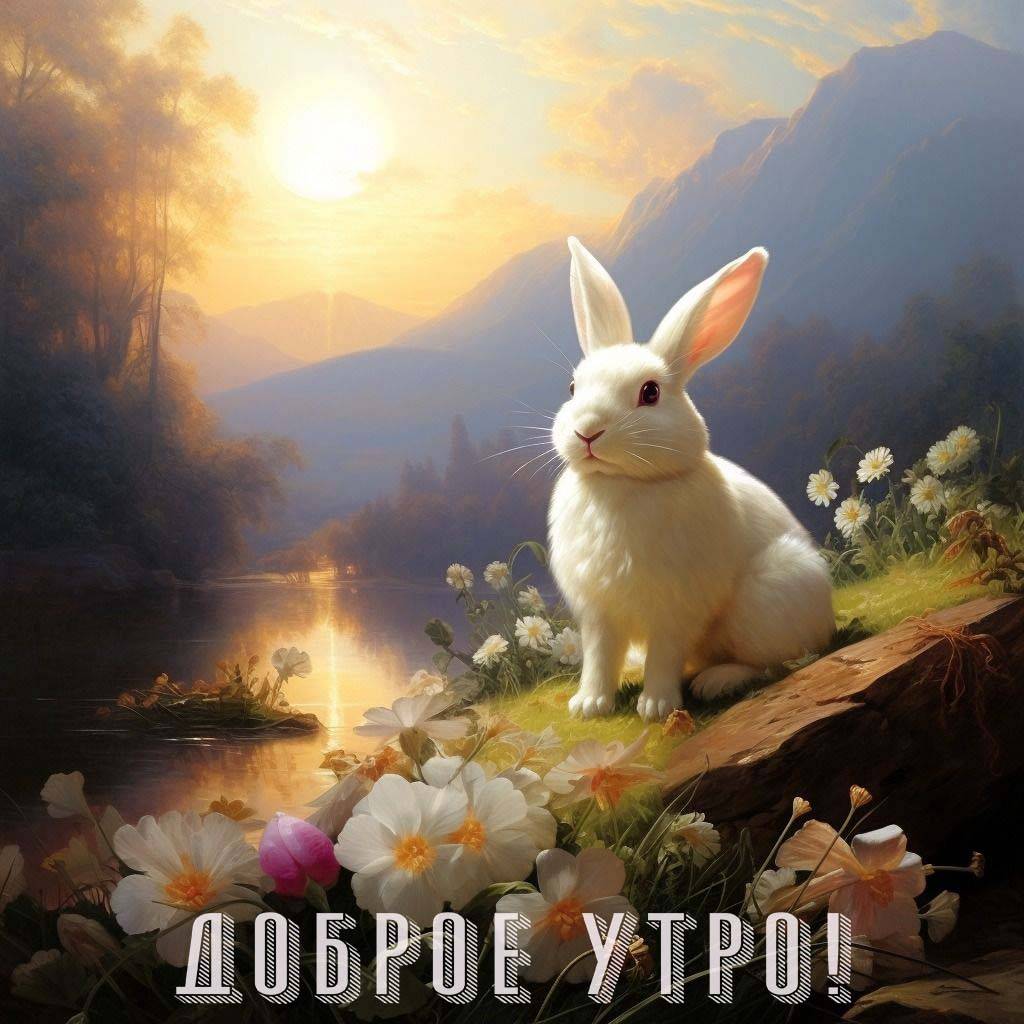 Белый кролик на камне среди ромашек