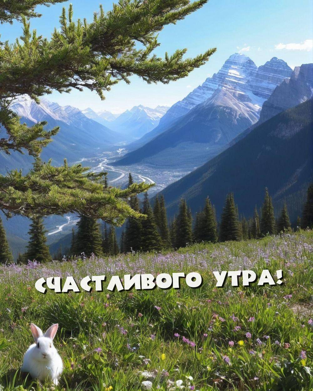 Белый кролик на цветущем лугу перед горами