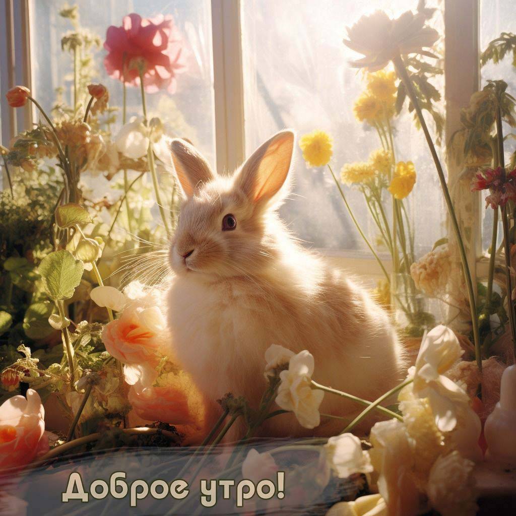 Белый кролик среди цветов на фоне окна
