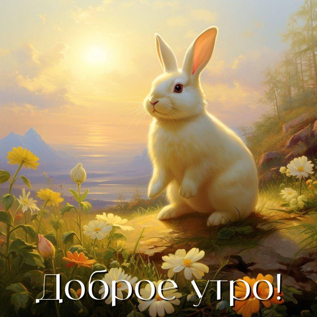 Белый кролик среди цветов на рассвете