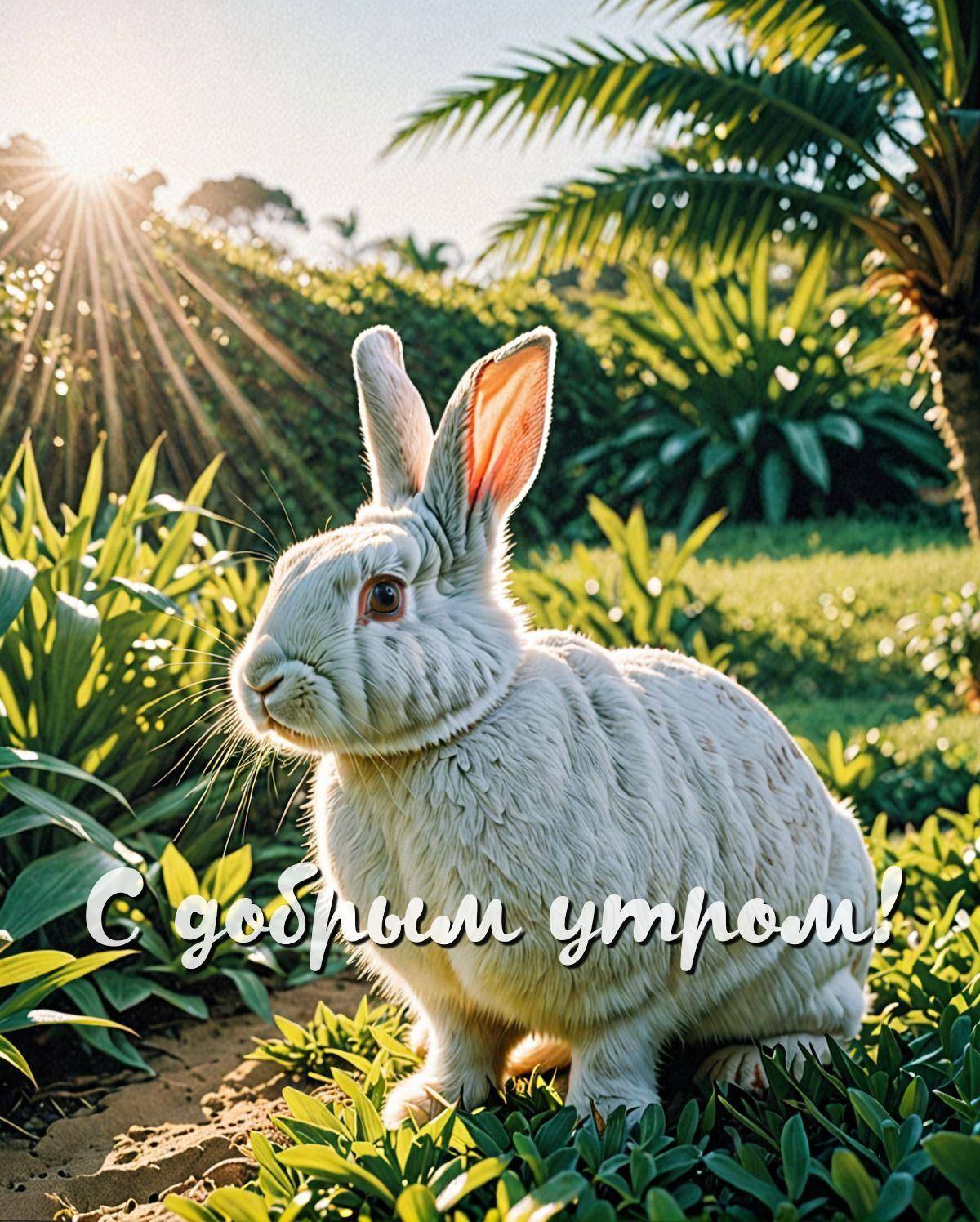 Белый кролик среди зелёной листвы под солнцем