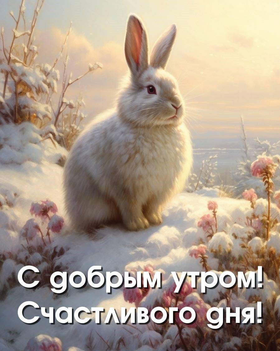 Белый кролик в заснеженном саду
