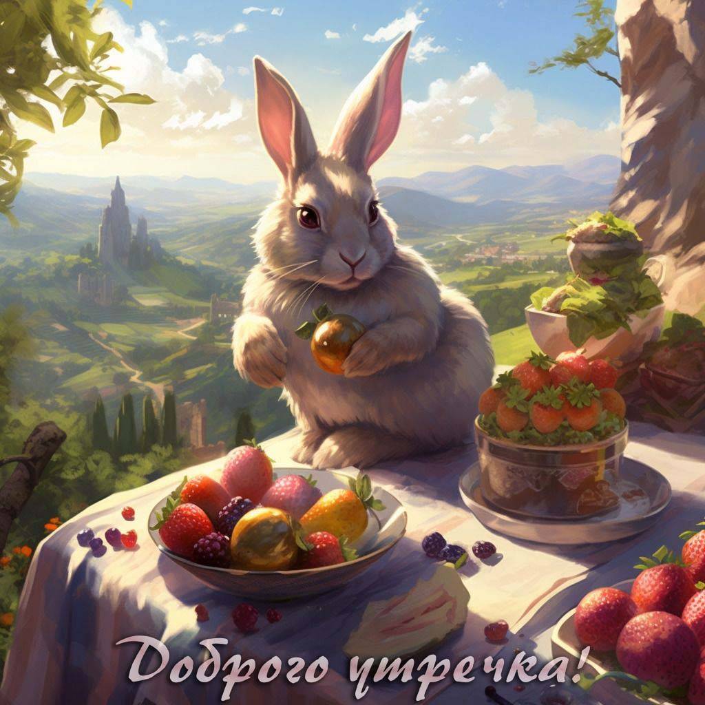 Белый кролик за столом с фруктами и ягодами