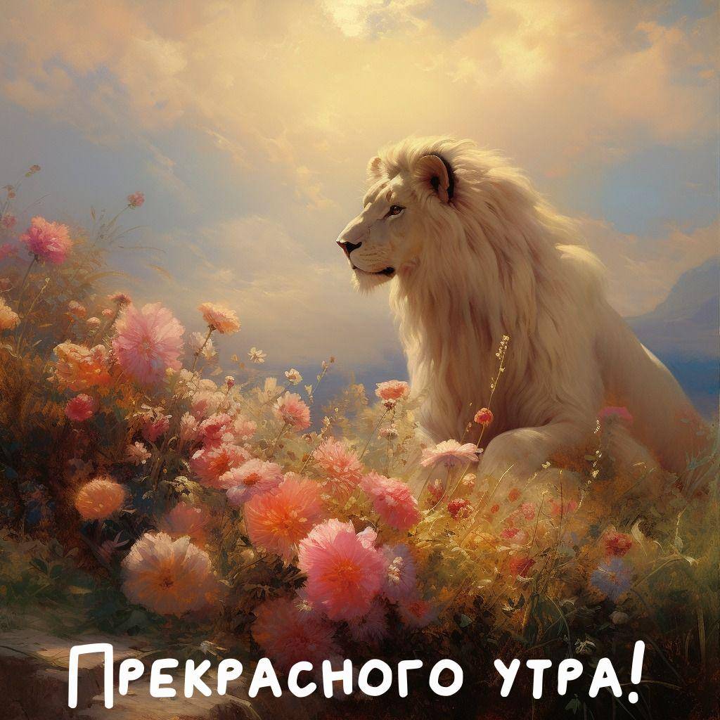 Белый лев среди красочных цветов
