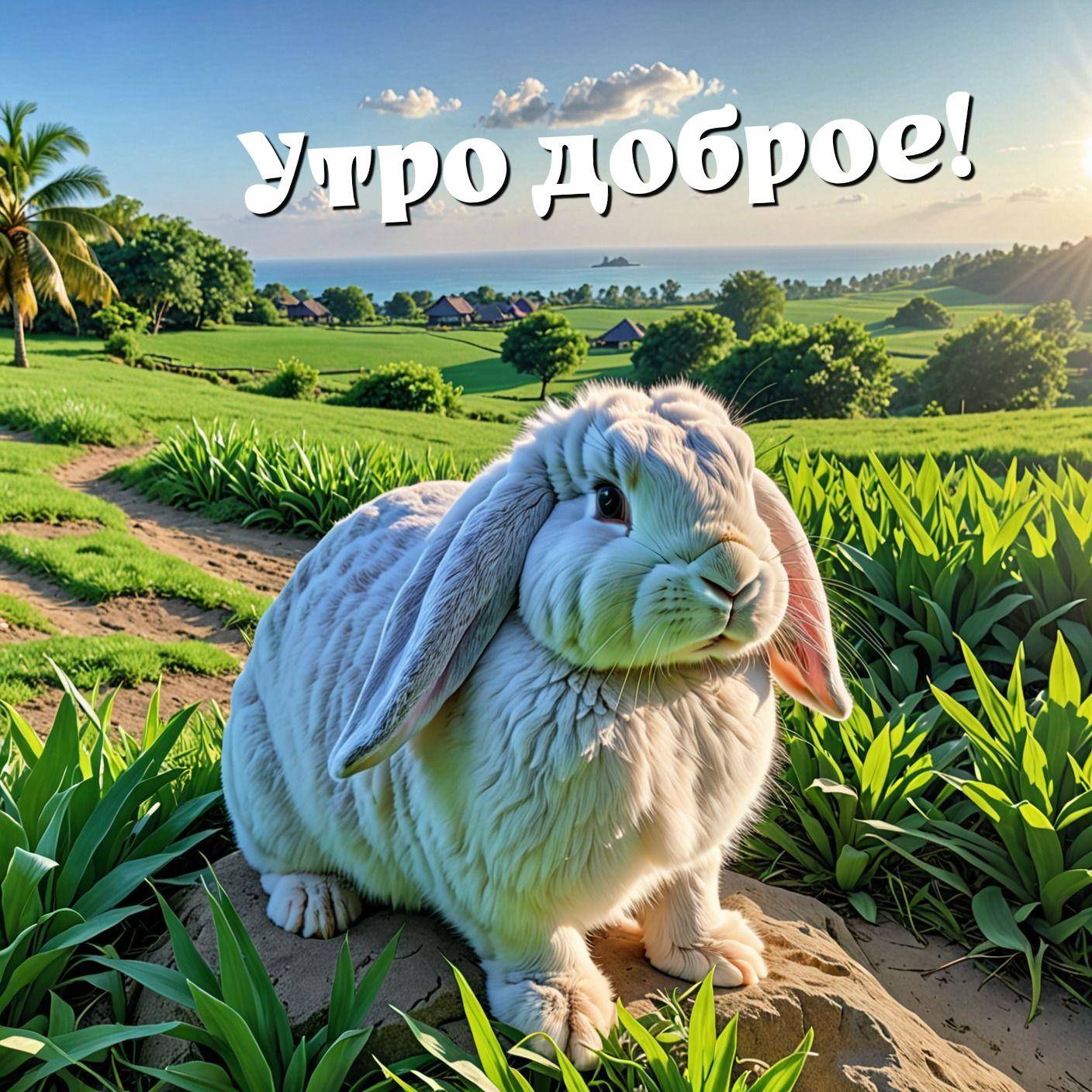 Белый пушистый кролик на камне среди травы