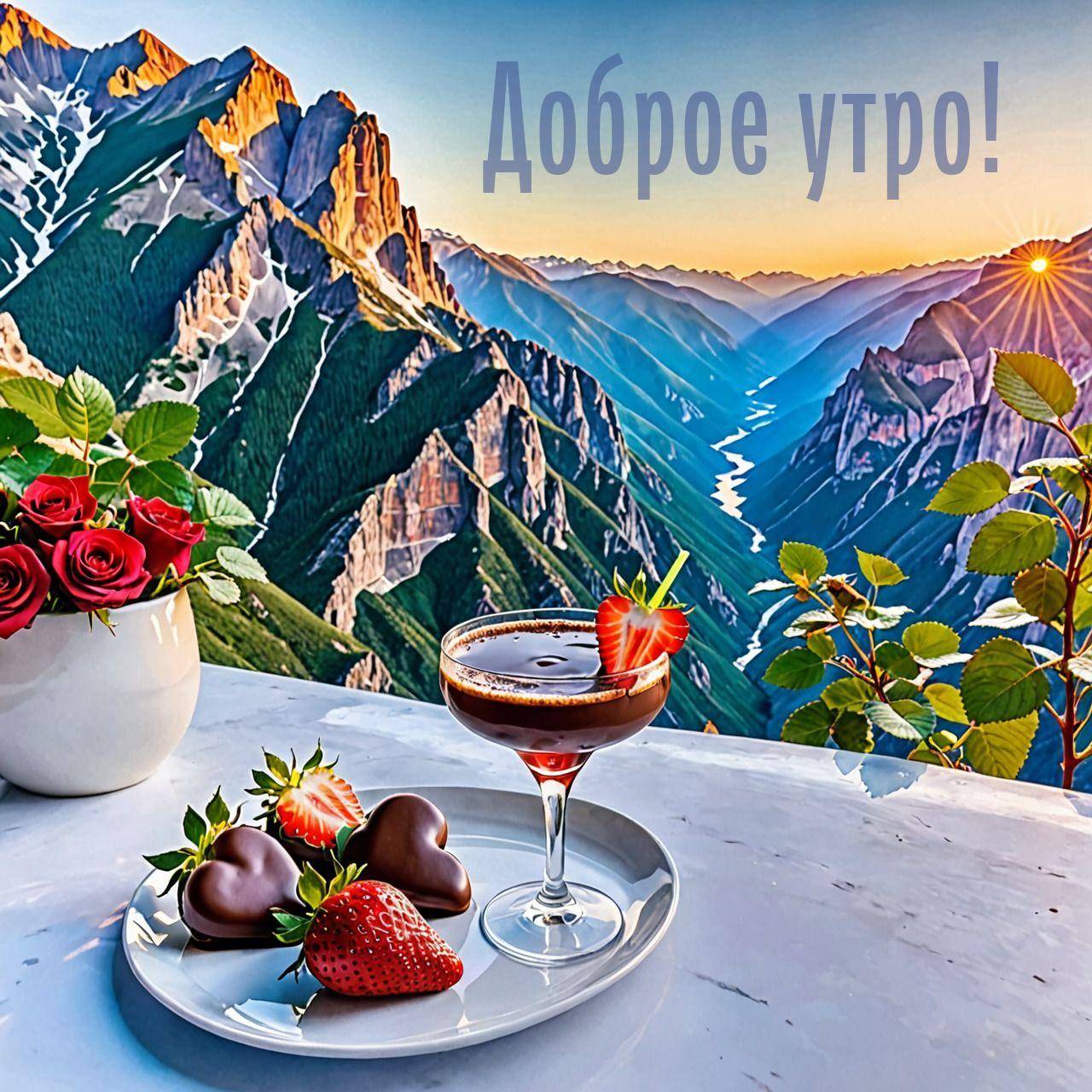 Белый столик с напитком и розами на фоне гор