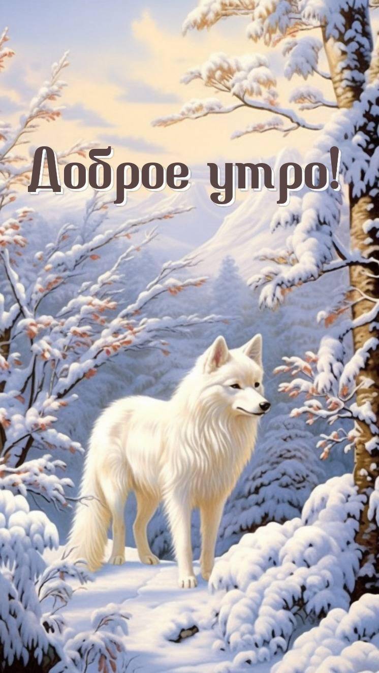 Белый волк стоит среди заснеженного леса, окружённого деревьями