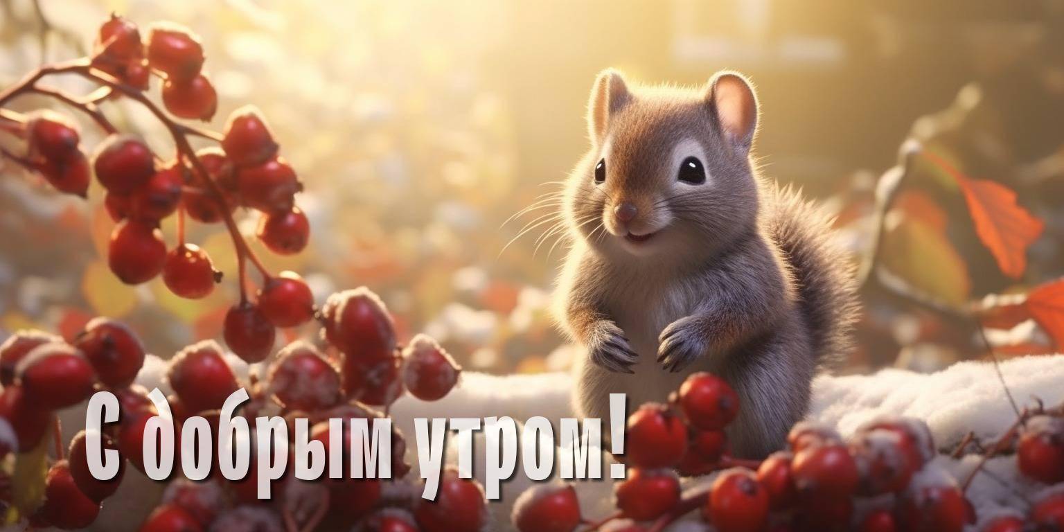 Белка среди ягод и снега, встречает рассвет