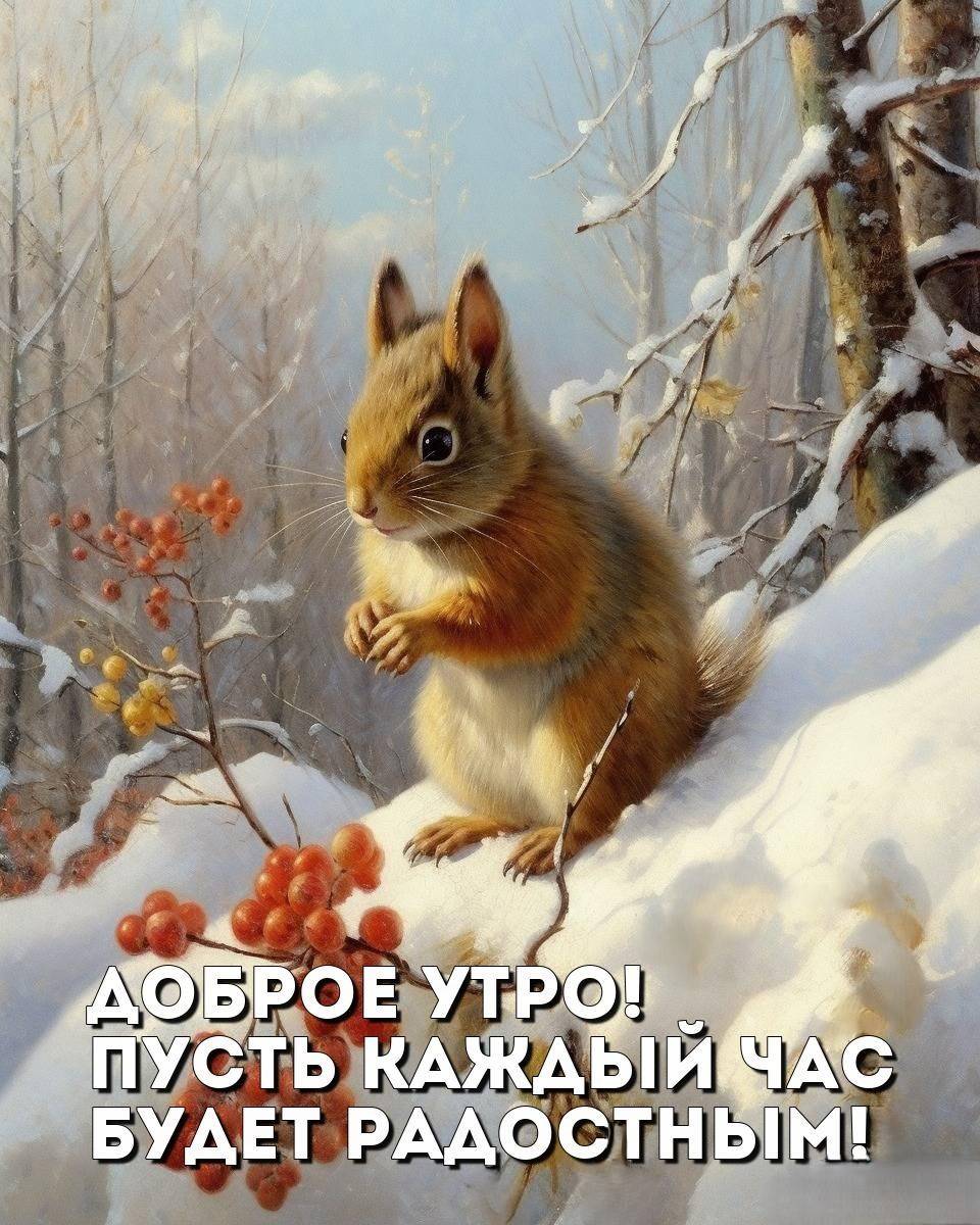 Белка стоит на снегу, окруженная ветками рябины
