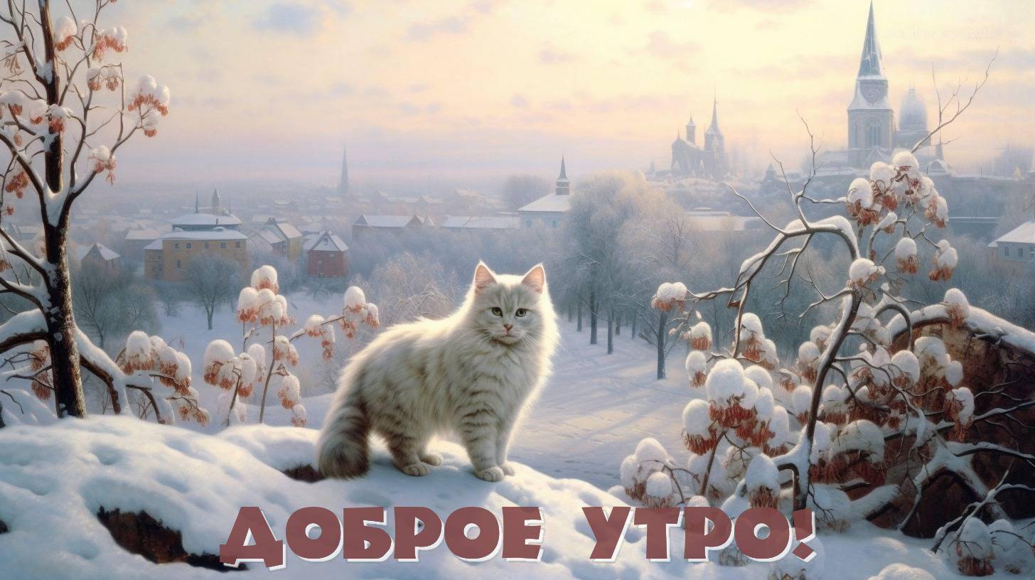 Белоснежная кошка на снежном холме, утро