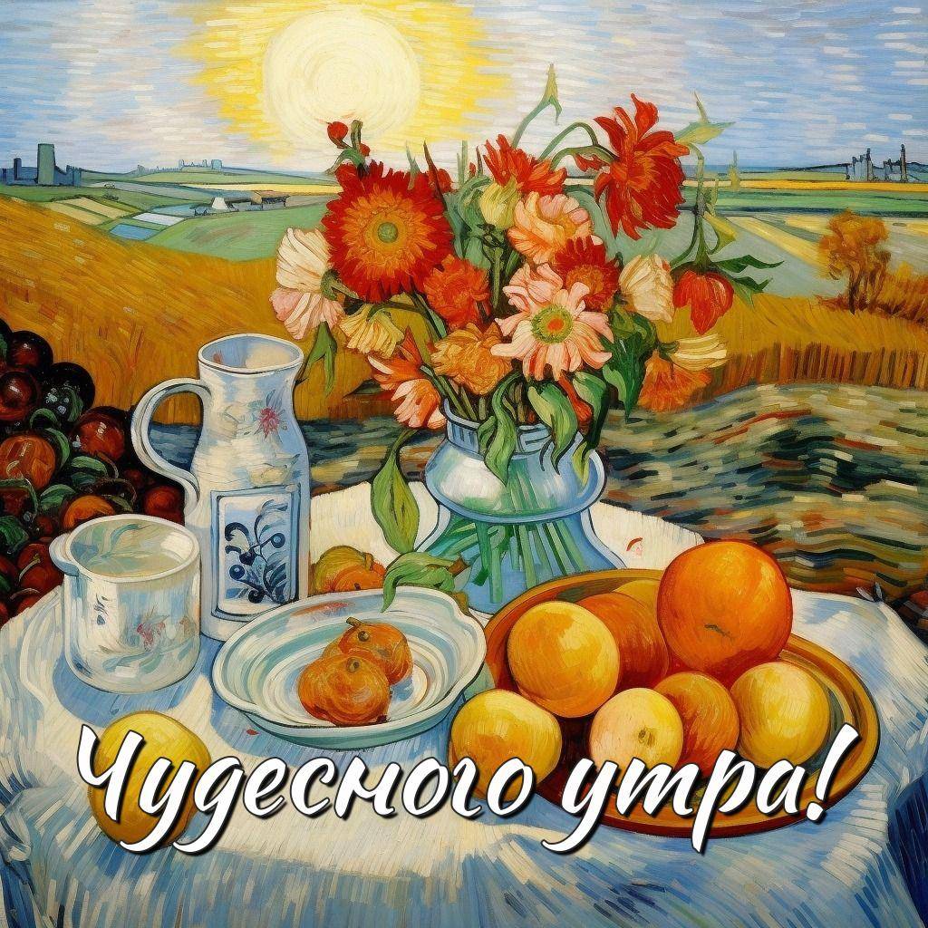 Белоснежная скатерть с фруктами и кувшином