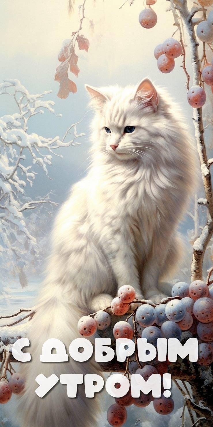 Белоснежный кот на ветке с калиной