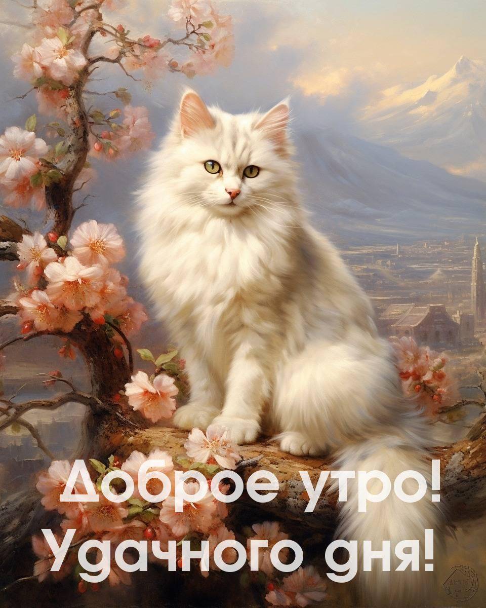 Белоснежный кот на ветке в цветах