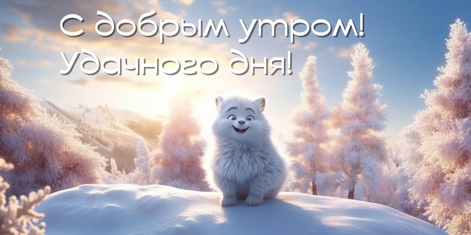 Белоснежный котёнок смотрит на восход в зимнем лесу