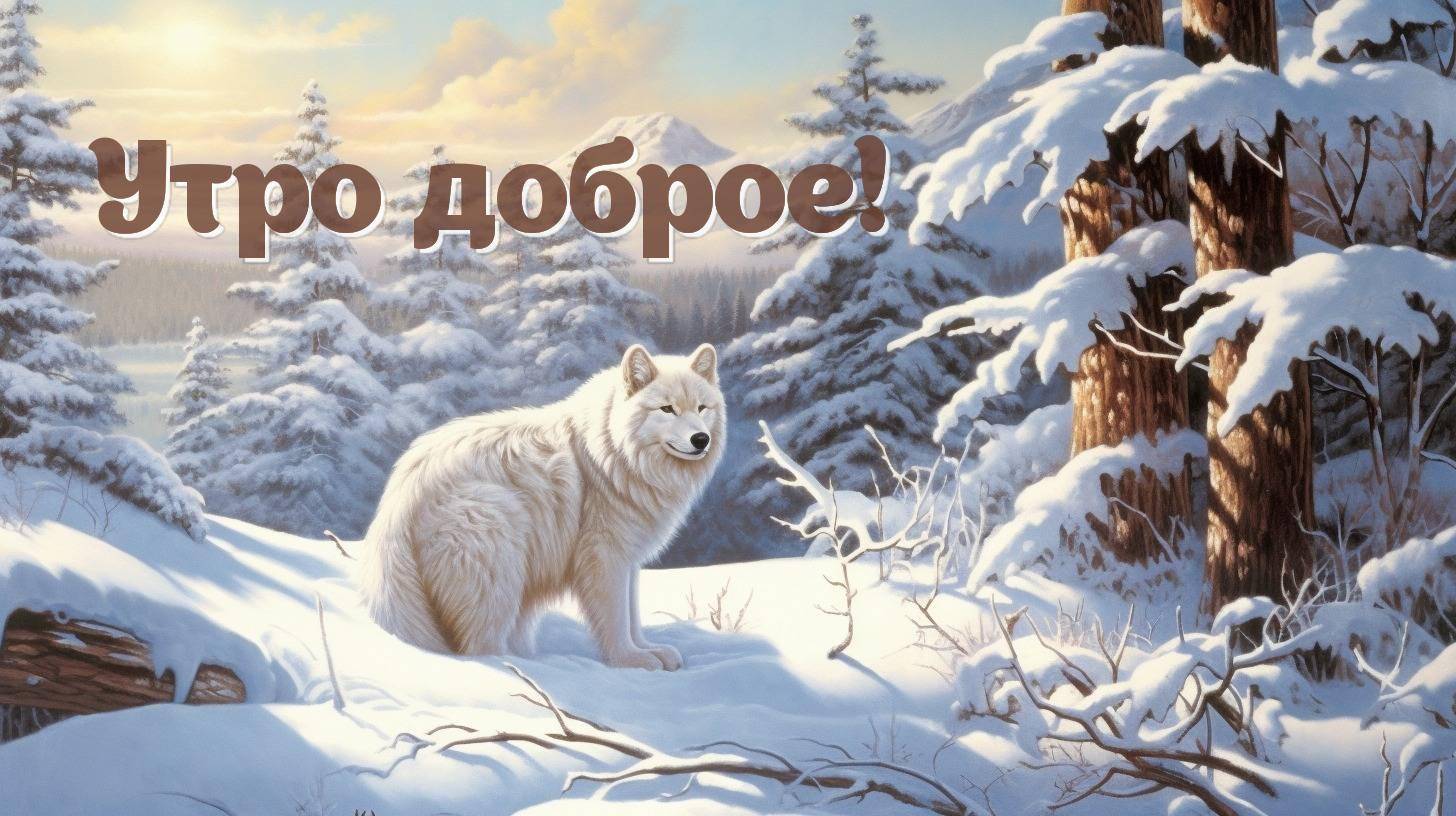 Белоснежный волк стоит среди заснеженного леса