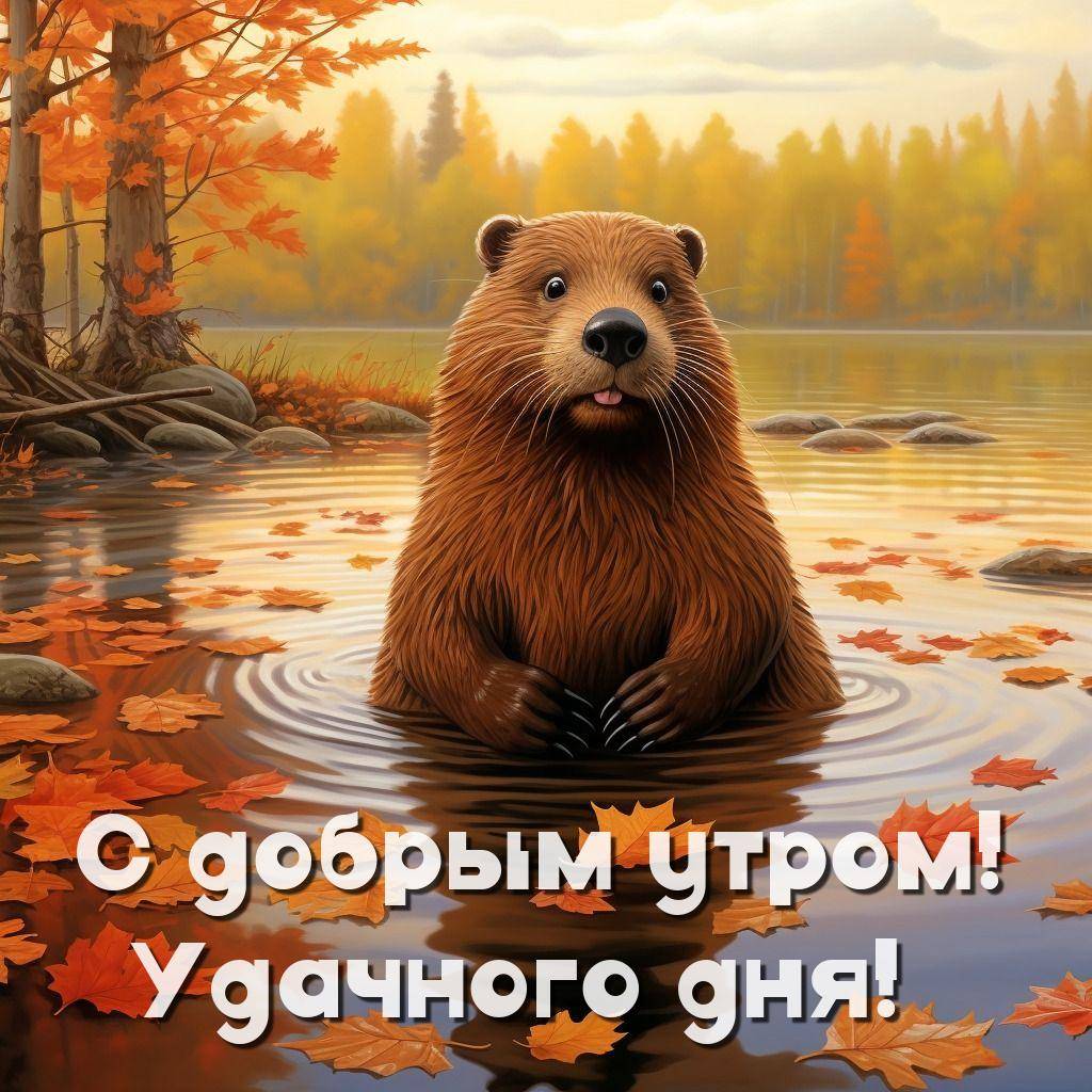 Бобр в воде с осенними листьями