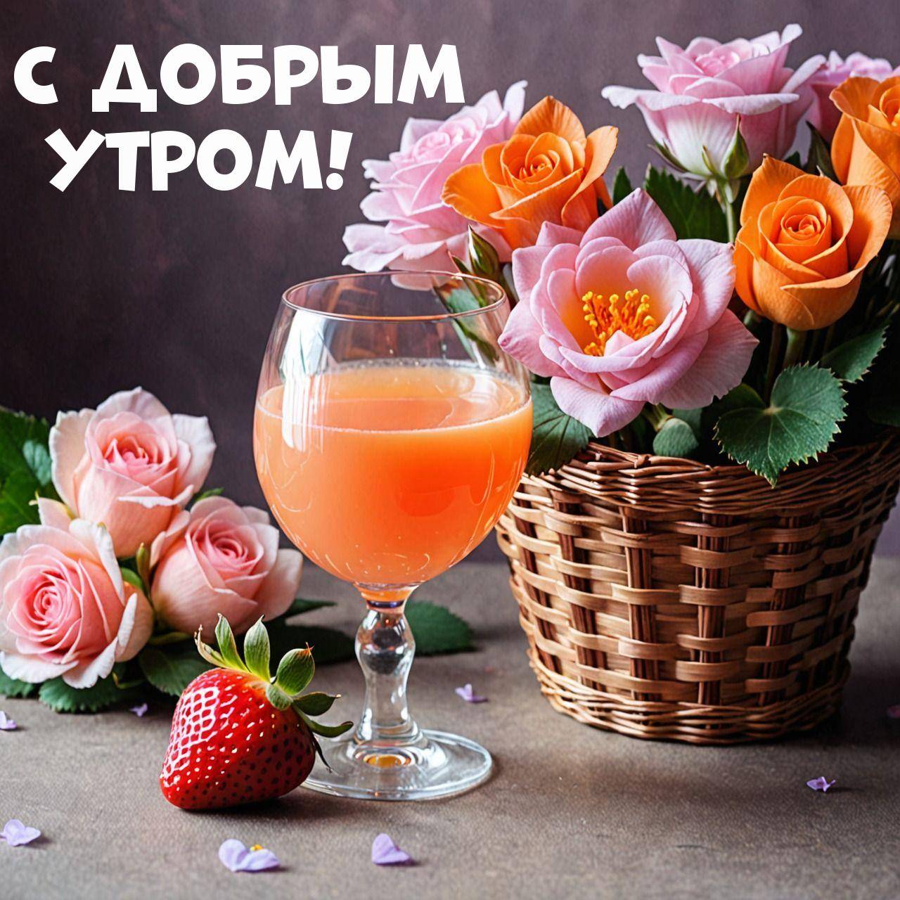 Бокал с напитком и клубникой на фоне цветов