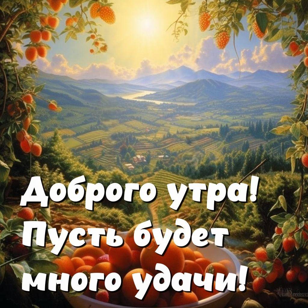 Большая белая чаша с апельсинами на фоне зелёной долины